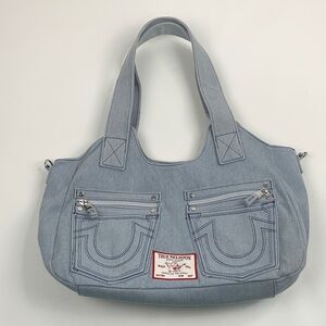 True Religion Denim Jean Shoulder Bag Light wash denim Blue Snap close Pockets